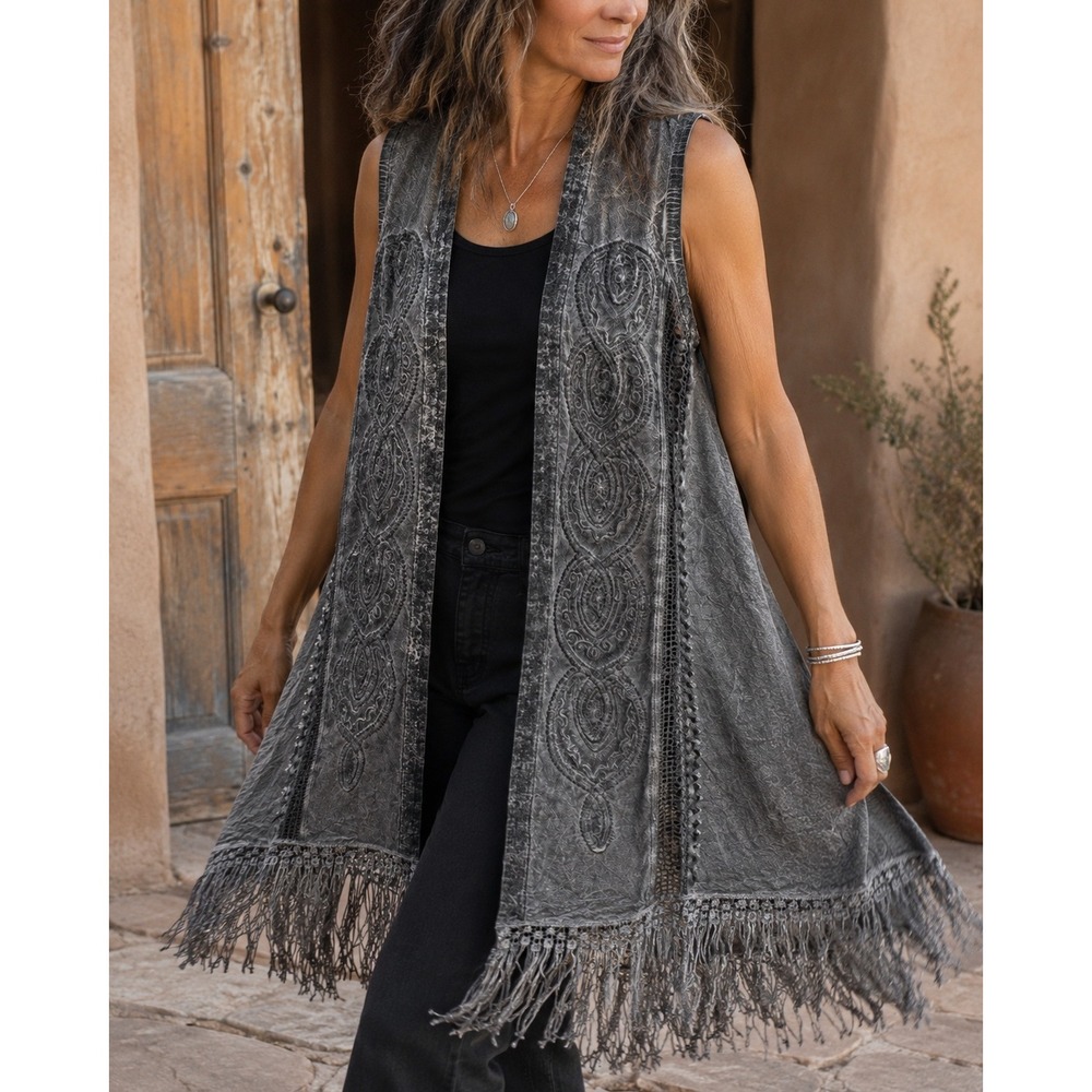Inca Cottons Embroidered Crochet Lace Fringe Long Duster Vest Boho Grey L